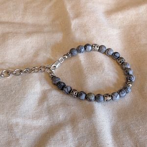 Matte Grey Jasper Sterling Silver 925 and Steel Beaded Adjustable Stone Bracelet